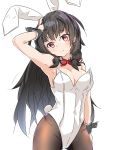  absurdres alternate_costume animal_ears armpits ass_visible_through_thighs black_hair blush bow bowtie breasts bunny_ears bunny_tail bunnysuit commentary_request covered_navel detached_collar fake_animal_ears hair_ribbon hand_on_own_head harukawa_(hal501) highres isokaze_(kantai_collection) kantai_collection long_hair looking_at_viewer medium_breasts pantyhose red_eyes ribbon smile solo tail transparent_background tress_ribbon wrist_cuffs 