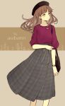  akakura analog_clock arm_across_waist arm_at_side autumn bag black_hair black_hat brown_background brown_eyes brown_hair clock drop_earrings earrings grey_skirt hat high-waist_skirt highres jewelry leaf long_hair long_skirt original papyrus_(font) plaid plaid_skirt purple_shirt shirt shoulder_bag skirt solo standing watch wristwatch 