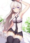  arm_up armpits azur_lane bare_shoulders black_neckwear blurry blurry_background blush breasts buckle buttons collared_shirt commentary_request enterprise_(azur_lane) eyebrows_visible_through_hair izumo_neru large_breasts long_hair looking_at_viewer md5_mismatch miniskirt necktie purple_eyes shirt silver_hair sitting skindentation skirt sleeveless sleeveless_shirt smile solo thigh_strap thighhighs thighs very_long_hair 