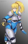  alina_pegova armor blonde_hair blue_bodysuit bodysuit hair_tie high_ponytail long_hair looking_at_viewer metroid mole mole_under_mouth ponytail samus_aran simple_background skin_tight solo zero_suit 