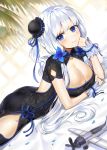  aircraft airplane alternate_costume ass azur_lane bangs black_dress blue_eyes blush breasts bun_cover china_dress chinese_clothes cleavage commentary_request dress elbow_rest eyebrows_visible_through_hair gijang gloves hair_ornament hair_ribbon hand_on_own_face high_ponytail illustrious_(azur_lane) large_breasts long_hair looking_at_viewer lying mole mole_under_eye on_stomach pelvic_curtain ribbon side_bun side_ponytail side_slit sidelocks smile solo thighhighs thighs tress_ribbon white_hair 