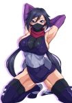  armpits arms_up ayame_(gundam_build_divers) bangs black_hair black_legwear boots breasts cleavage commentary_request elbow_gloves face_mask gloves gundam gundam_build_divers hair_between_eyes highres japanese_clothes kimono kneeling large_breasts long_hair looking_at_viewer mask ninja ninja_mask ozaneko ponytail purple_eyes purple_gloves scarf shiny shiny_clothes shiny_hair shiny_skin short_kimono simple_background sleeveless sleeveless_kimono solo thigh_boots thighhighs thighhighs_under_boots white_background 