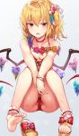  ankle_cuffs barefoot bikini blonde_hair blush bow breasts cameltoe choker cleavage collarbone eyebrows_visible_through_hair feet fingernails flandre_scarlet flower flower_wreath footwear_removed frills hair_flower hair_ornament halterneck heart_shape highres kaerunoko labia looking_at_viewer medium_breasts neck open_mouth parted_lips partially_visible_vulva ponytail red_bikini red_eyes sandals sandals_removed shoe_bow shoes short_hair side_ponytail simple_background sitting solo sweat swimsuit thick_thighs thighs toenails touhou wings wristband 