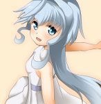  blue_eyes blue_hair commentary_request dress from_side gundam gundam_build_divers long_hair looking_to_the_side open_mouth outstretched_arms rebirth42000 sara_(gundam_build_divers) sleeveless sleeveless_dress smile solo upper_body white_dress 