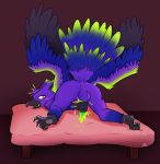  2018 anthro anus avian balls beak bed blush cum digital_media_(artwork) erection feathered_wings feathers fur gryphon josephtl male masturbation nude open_mouth penis simple_background slime solo wings 