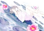  arms_up asai_umi barefoot blue_eyes breasts brown_hair commentary_request flower foot_out_of_frame from_side hands_in_hair lake legs_up lily_pad lying medium_breasts on_back original pink_flower shirt short_sleeves shorts solo water water_lily_flower white_shirt white_shorts 