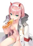  bangs between_legs breasts collarbone commentary convenient_arm darling_in_the_franxx eyebrows_visible_through_hair food green_eyes hair_between_eyes hair_censor hair_over_breasts hand_between_legs heart heart-shaped_pupils highres holding holding_food horns jacket jacket_on_shoulders licking long_hair looking_at_viewer mvv naked_coat open_clothes open_jacket pink_hair sausage sexually_suggestive signature sitting small_breasts solo symbol-shaped_pupils tongue tongue_out very_long_hair white_jacket zero_two_(darling_in_the_franxx) 