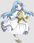  blue_eyes blue_hair commentary_request dress forehead_jewel full_body grey_background highres lifted_by_self long_hair pantyhose pointy_ears rance_(series) rance_quest reset_kalar shoes simple_background skirt_hold smile solo standing standing_on_one_leg white_dress white_legwear xiniu_r&amp;f_(lande_hua_hua) 