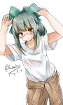  blush bow brown_eyes brown_pants dated dutch_angle eyebrows_visible_through_hair glasses green_bow green_hair hair_bow highres kantai_collection kazu_(really_in_hot_water_now) pants ponytail red-framed_eyewear shirt short_hair short_sleeves sidelocks simple_background twitter_username white_background white_shirt yuubari_(kantai_collection) 