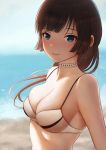 aqua_eyes bangs beach bikini_top black_hair blurry breasts choker closed_mouth commentary_request day deep_skin depth_of_field earrings fou_zi hair_ornament hairclip highres jewelry large_breasts light_smile long_hair looking_at_viewer original shore skindentation smile solo upper_body 