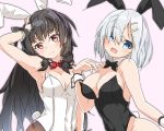  :d absurdres alternate_costume animal_ears armpits ass_visible_through_thighs black_hair blue_eyes blush bow bowtie breasts bunny_ears bunny_tail bunnysuit commentary_request covered_navel detached_collar fake_animal_ears hair_ornament hair_over_one_eye hair_ribbon hairclip hamakaze_(kantai_collection) hand_on_own_chest hand_on_own_head harukawa_(hal501) highres isokaze_(kantai_collection) kantai_collection large_breasts long_hair looking_at_viewer medium_breasts multiple_girls open_mouth pantyhose red_eyes ribbon short_hair silver_hair simple_background smile tail tress_ribbon upper_body white_background wrist_cuffs 