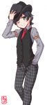  artist_logo bangs black_hair black_vest check_commentary commentary_request cosplay crossdressing dated dress_shirt feet_out_of_frame green_eyes grey_pants grey_shirt hand_in_pocket hand_on_headwear hat hat_tip hidari_shoutarou hidari_shoutarou_(cosplay) highres kamen_rider kamen_rider_w kanon_(kurogane_knights) kantai_collection looking_at_viewer matsukaze_(kantai_collection) md5_mismatch necktie one_eye_closed pants plaid plaid_pants red_neckwear reverse_trap shirt short_hair simple_background sleeve_garters smile solo swept_bangs vest wavy_hair white_background 