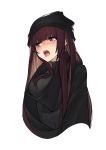  absurdres bangs beanie blush breasts cropped_torso eyebrows_visible_through_hair girls_frontline half-closed_eyes hat highres inxst large_breasts long_hair looking_away open_mouth purple_hair red_eyes ribbed_sweater saliva saliva_trail scarf sidelocks simple_background solo sweater tongue tongue_out tsurime very_long_hair wa2000_(girls_frontline) white_background 