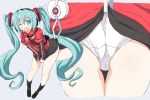  aqua_eyes aqua_hair ass black_legwear black_skirt commentary_request crane_game embarrassed eyebrows_visible_through_hair full_body grey_background hair_between_eyes hatsune_miku headset long_hair naitou_kouse one_eye_closed open_mouth panties red_shirt shirt skirt skirt_lift skirt_tug socks solo sweatdrop twintails underwear very_long_hair vocaloid white_panties 