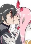  1boy 1girl asymmetrical_horns black_bodysuit black_hair blossomppg bodysuit couple crying darling_in_the_franxx eyebrows_visible_through_hair eyes_closed face-to-face fringe gloves hand_on_another&#039;s_shoulder hands_on_another&#039;s_face hetero hiro_(darling_in_the_franxx) horns long_hair oni_horns pilot_suit pink_hair red_horns short_hair signature tears white_bodysuit white_gloves zero_two_(darling_in_the_franxx) 