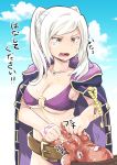  belt belt_buckle bikini blue_sky blush breasts buckle cleavage cloud coat collarbone commentary_request cross_eyed day female_my_unit_(fire_emblem:_kakusei) fire_emblem fire_emblem:_kakusei fire_emblem_heroes highres jacket_on_shoulders jewelry looking_away loose_belt medium_breasts my_unit_(fire_emblem:_kakusei) necklace o-ring o-ring_bikini o-ring_top open_clothes open_coat open_mouth purple_bikini purple_coat sekaihebi short_hair simple_background sky squid sweat sweatdrop swimsuit translated twintails white_hair yellow_eyes 