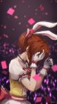 abe_nana animal_ears bunny_ears commentary concert confetti crying earrings gloves glowstick hand_on_own_face highres idol idolmaster idolmaster_cinderella_girls idolmaster_cinderella_girls_starlight_stage jewelry kouzuki_kei microphone orange_hair ponytail profile ribbon signature tears 