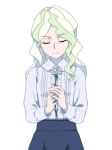  blonde_hair blouse closed_eyes commentary diana_cavendish flower holding holding_flower little_witch_academia mother's_day multicolored_hair satochi_(twitter) smile solo two-tone_hair white_background white_flower 