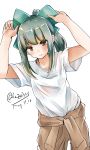  bow brown_eyes brown_pants dated dutch_angle eyebrows_visible_through_hair green_bow green_hair hair_bow highres kantai_collection kazu_(really_in_hot_water_now) pants ponytail shirt short_hair short_sleeves sidelocks simple_background twitter_username white_background white_shirt yuubari_(kantai_collection) 