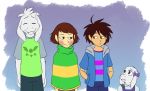  ambiguous_gender anthro asriel_dreemurr blue_background boss_monster bow_tie caprine chara_(undertale) child clothed clothing delta_rune fan_character fur goat human long_ears looking_aside mammal poncho protagonist_(undertale) simple_background smile stripes tc-96 teenager undertale video_games white_fur young 