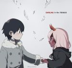  1boy 1girl black_cloak black_hair blue_eyes cloak coat couple crying crying_with_eyes_open darling_in_the_franxx fringe fur_trim green_eyes grey_coat hand_holding hetero hiro_(darling_in_the_franxx) hooded_cloak horns kanomatsu long_hair looking_at_another oni_horns parka pink_hair red_horns red_pupils red_sclera red_skin short_hair tears winter_clothes winter_coat younger zero_two_(darling_in_the_franxx) 
