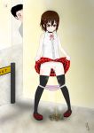  &gt;.&lt; ashamed brown_hair censored choker hairtie nervous panties panty_pull peeing penis relief shy skirt skirt_lift thighhighs trap 