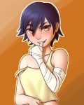  absurdres areolae bakemonogatari bandaged_arm bandages biting blue_hair blush breasts eyebrows_visible_through_hair hair_between_eyes highres kanbaru_suruga looking_at_viewer midriff monogatari_(series) naughty_face nipples pudgeruffian short_hair solo strap_slip tank_top thumb_biting upper_body yellow_eyes yellow_tank_top 