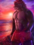  2018 abs anthro beach biceps blue_eyes brown_fur brown_skin bulge clothed clothing cloud equine fur grin hair hand_in_pocket holding_object horse jewelry killianwalker looking_at_viewer male mammal muscular muscular_male necklace nipples red_hair sand seaside shorts sky smile snout solo standing sunset swimshorts swimsuit topless water 