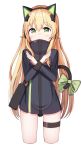  absurdres animal_ears bangs black_jacket blonde_hair blush bow cat_ear_headphones cat_ears cat_girl cat_tail cropped_legs eyebrows_visible_through_hair fingernails girls_frontline green_bow green_eyes hair_between_eyes headphones highres jacket long_sleeves looking_at_viewer parted_lips simple_background solo starfox1015 tail tail_bow tmp_(girls_frontline) white_background x_arms 