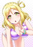  :o all_fours bikini blonde_hair blush bracelet braid breasts cleavage collarbone commentary_request crown_braid eyebrows_visible_through_hair green_eyes hair_rings halftone halftone_background hand_up index_finger_raised jewelry large_breasts looking_at_viewer love_live! love_live!_sunshine!! medium_hair nail_polish ohara_mari pink_nails solo striped striped_bikini swimsuit yellow_eyes yopparai_oni 