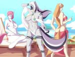  2015 abs alternate_hairstyle anthro anthrofied beach big_breasts bikini blue_eyes breasts brown_hair button&#039;s_mom clothing cloud cutie_mark earth_pony equine fan_character female friendship_is_magic fur grey_fur group hair horse mammal marik_azemus34 mother multicolored_hair muscular muscular_female my_little_pony navel nurse_redheart_(mlp) outside parent pink_hair pony ponytail seaside sky stripes swimsuit tan_fur two_tone_hair white_fur zebra zecora_(mlp) 