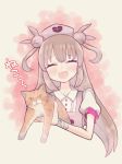  ^_^ animal apron bandages buttons cat closed_eyes collared_shirt commentary fang hair_ornament hat holding holding_animal holding_cat light_brown_hair long_hair natori_sana nurse_cap open_mouth pink_apron puffy_short_sleeves puffy_sleeves sana_channel shirt short_sleeves smile tank_(artist) two_side_up virtual_youtuber 