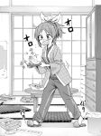  abe_nana bag book commentary crying glass_slipper greyscale hanten_(clothes) high_heels idolmaster idolmaster_cinderella_girls monochrome panicking ponytail sliding_doors slippers table track_suit trash_can trembling youtike 