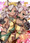  :d :o animal_ears armlet black_gloves breasts cat_ears cat_paws claws commentary_request dark_skin erune eyebrows_visible_through_hair eyes_visible_through_hair fang flower gloves granblue_fantasy green_eyes grey_hair hair_flower hair_ornament highres long_hair looking_at_viewer medium_breasts melleau multiple_girls nemone open_mouth paws petals psychopath_idiot short_hair siblings sideboob sisters smile 