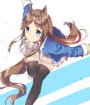  animal_ears black_legwear blue_eyes bow commentary_request dera_ix ear_ribbon feet_out_of_frame grass_wonder horse_ears horse_girl horse_tail skirt solo tail umamusume 