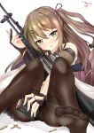  absurdres ass bangs black_legwear black_panties blush breasts brown_eyes brown_hair bullet cleavage collarbone commentary eyebrows_visible_through_hair fingerless_gloves girls_frontline gloves gun hair_between_eyes hair_ornament hairclip head_tilt highres holding holding_gun holding_magazine_(weapon) holding_weapon k-2_(girls_frontline) legs long_hair looking_at_viewer magazine_(weapon) medium_breasts mr_lobster no_shoes open_mouth panties pantyhose sidelocks signature simple_background sitting smile soles solo thighband_pantyhose thighs toes underwear weapon 