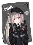  3o absurdres bangs beret black_gloves black_hat blue_eyes blush breasts character_name commentary double_v eyebrows_visible_through_hair eyes_visible_through_hair flying_sweatdrops girls_frontline gloves grey_hair hat heterochromia highres jacket long_hair looking_at_viewer mdr_(girls_frontline) medium_breasts multicolored_hair one_side_up parted_lips pink_eyes pink_hair side_ponytail sidelocks smile solo streaked_hair v wrist_straps zipper 