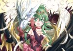  bracelet chiki dragon dress fire_emblem fire_emblem:_monshou_no_nazo green_eyes green_hair hair_ornament highres jewelry long_hair looking_at_viewer mamkute naka_(nicovideo14185763) pink_dress pink_legwear pointy_ears ponytail smile solo tiara 