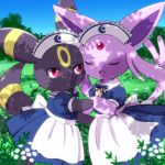  2girls eyes_closed furry kemoribon pokemon red_eyes sylveon umbreon 