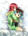  bed_sheet capcom character_doll doll_hug elfee eyes_closed green_shorts heart hikari_netto hood_down hoodie lying lying_on_side profil purple_hair rockman rockman_exe sakurai_meiru short_hair shorts sidelocks text 