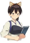  animal_ears black_eyes book brown_hair commentary dog_ears fake_animal_ears highres holding holding_book japanese_clothes kaga_(kantai_collection) kantai_collection long_hair looking_at_viewer masukuza_j muneate side_ponytail simple_background solo tasuki upper_body white_background 