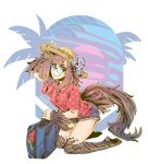  animal_ears black-framed_eyewear blue_shorts brown_hair closed_mouth denim denim_shorts dog_ears feathers glasses hair_feathers hand_up hat hawaiian_shirt high_heels highres kikimora_(monster_girl_encyclopedia) kneeling looking_at_viewer monster_girl monster_girl_encyclopedia ramenwarwok red_shirt shirt short_shorts short_sleeves shorts smile solo straw_hat suitcase tail 