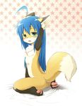  animal_ears antenna_hair blue_hair blush flat_chest fox furry green_eyes izumi_konata long_hair lucky_star mole mole_under_eye nude solo sweat tail 