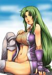  areolae breasts cholesenel cleavage fishnet_top fishnets ganbare_goemon green_eyes green_hair huge_breasts long_hair midriff navel ninja yae 