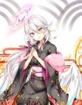  angel_wings breasts feathered_wings halo heart heterochromia ikasoke_(likerm6au) japanese_clothes kimono long_hair looking_at_viewer low_wings magic_circle medium_breasts multicolored_hair no_game_no_life purple_eyes silver_hair smile solo very_long_hair white_wings wing_ears wings yellow_eyes 