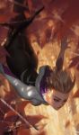  1girl artist_name ass autumn_leaves blonde_hair blurry bodysuit branch dao_trong_le depth_of_field eyebrow_piercing falling highres hood hood_down leaf looking_down marvel midair motion_blur outstretched_arms piercing short_hair signature silk smile solo spider-gwen spider-man:_into_the_spider-verse spider-man_(series) spider_web spider_web_print superhero 
