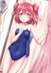  :o absurdres aqua_eyes ascot ass_visible_through_thighs bangs bare_arms bare_shoulders blue_swimsuit blush breasts collarbone covered_navel cowboy_shot curtains eyebrows_visible_through_hair fingernails grey_sailor_collar hair_between_eyes hands_up highres huge_filesize kurosawa_ruby long_fingernails looking_at_viewer love_live! love_live!_sunshine!! mirror nail_polish neckerchief one-piece_swimsuit open_mouth pink_nails red_hair sailor_collar sandals school_swimsuit school_uniform shiny shiny_hair shiny_skin shirt shirt_removed short_hair small_breasts solo standing swimsuit thigh_gap two_side_up uranohoshi_school_uniform white_shirt yellow_neckwear yopparai_oni 