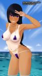  bangle belly_chain belt bikini black_hair blue_sky blush bracelet braid breasts cloud day hand_up heart heart-shaped_pupils highres jewelry large_breasts long_hair micro_bikini necklace o-ring_belt ocean outdoors patreon_username purple_eyes sky smile standing swimsuit symbol-shaped_pupils tan tanline v vocher wading water 
