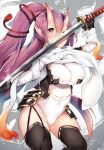  azur_lane bandages black_gloves black_legwear blush breasts cisyo covered_navel fingerless_gloves gloves highleg highleg_leotard holding holding_sword holding_weapon impossible_clothes impossible_leotard izumo_(azur_lane) katana large_breasts left-handed leotard long_hair one_side_up oni_horns pointy_ears purple_hair skindentation solo sword thighhighs very_long_hair weapon white_leotard 