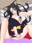  animal_ears artist_name bare_shoulders black_hair black_panties breasts cat_ears cat_tail cleavage hair_rings high_school_dxd ikemura_hiroichi indoors japanese_clothes kimono kuroka_(high_school_dxd) large_breasts lipstick long_hair makeup multiple_tails naughty_face off_shoulder open_mouth panties pillow purple_lipstick sitting slit_pupils smile solo tail underwear undressing yellow_eyes 